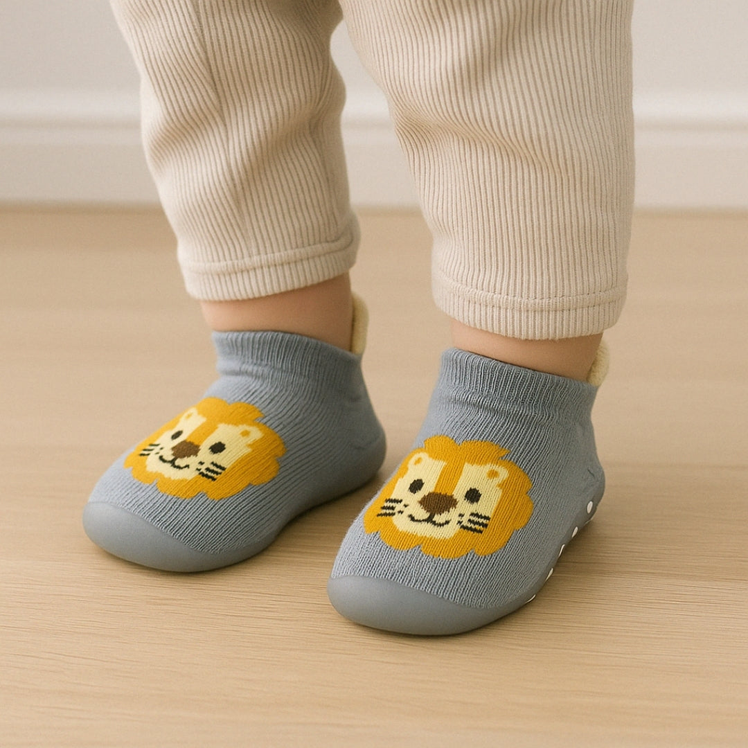Chaussons Bébé Antidérapants | Chaussettes Souples de Premier Pas (Motif Lion)
